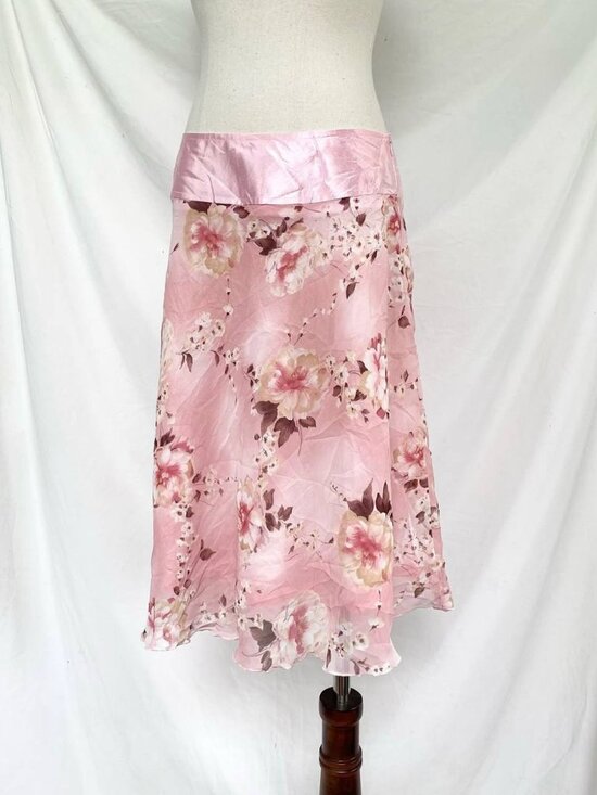 Dresses & Skirts - Pink Floral Midi Skirt Satin Finish Romantic Y2K Vintage A-Line Skirt